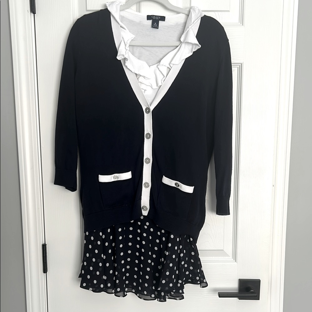 Vintage  Chaps Navy and White Cardigan with Polka Dot Skirt 3 piece